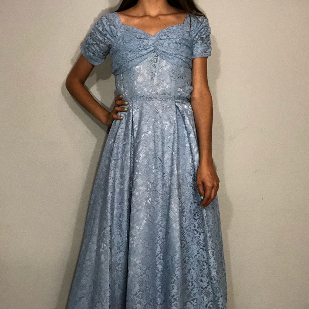 1940s periwinkle lace evening dress